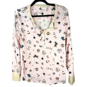 Kate Spade Holiday Christmas Dog Dachshund Henley Pink Long Sleeve Blouse Medium